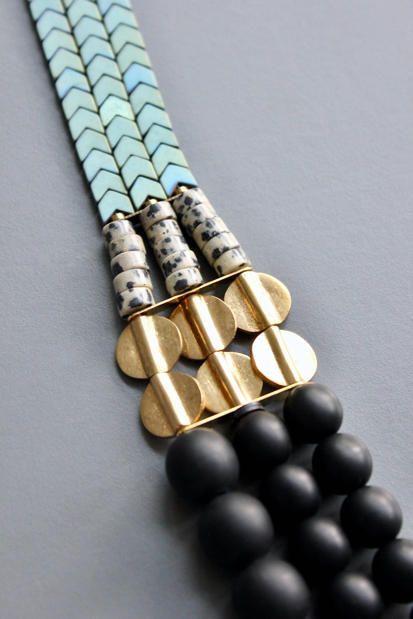 HYL221 Jet glass and hematite triple strand necklace