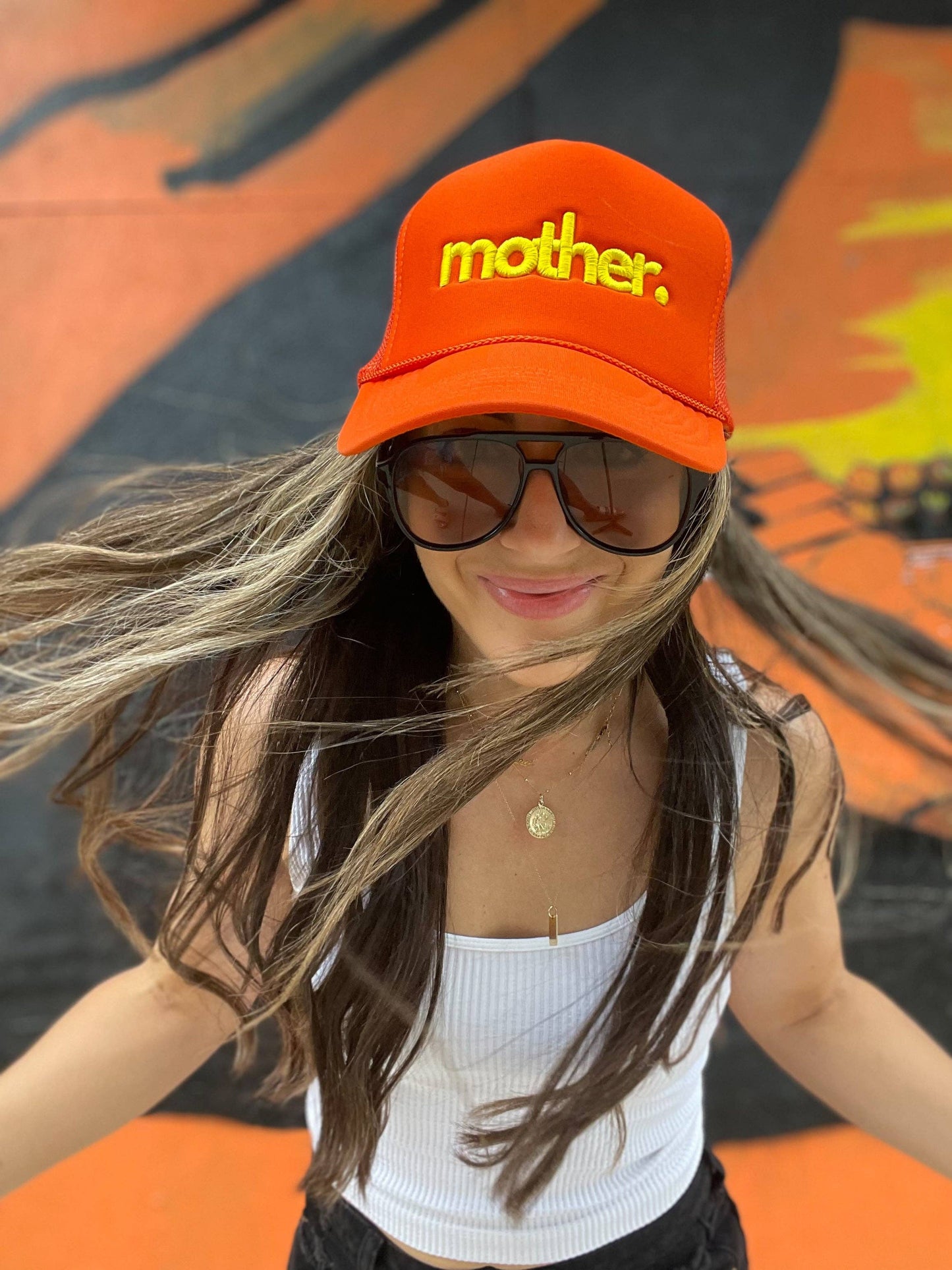 Mother Embroidered Trucker Hat -  Orange