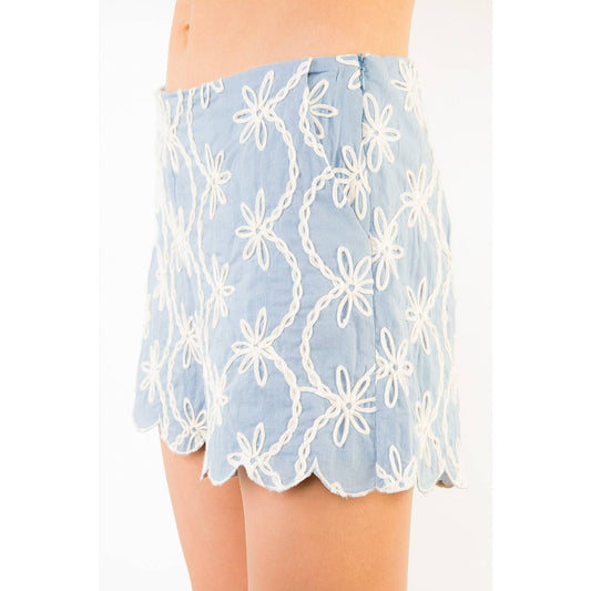 Embroidered Floral Scallop Hem Shorts