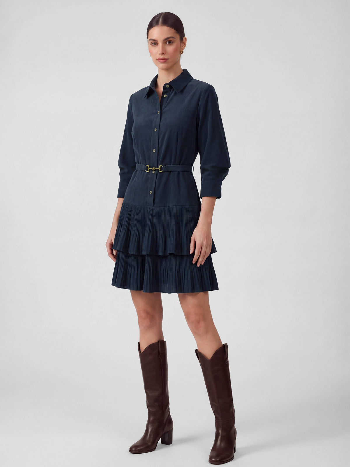 Corduroy Tiered Pleated Shirt Dress
