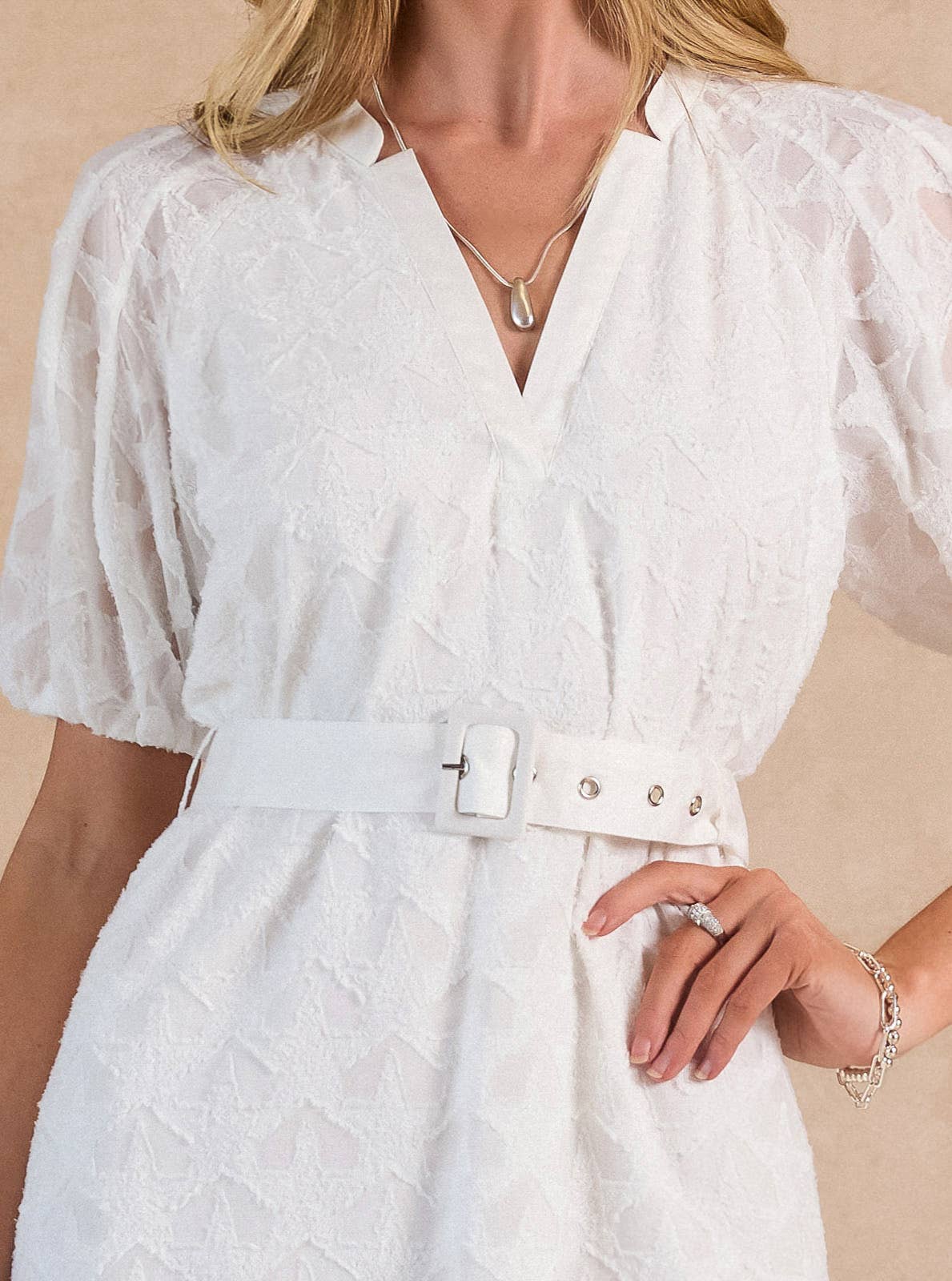 Textured Star Pattern Belted Mini Dress