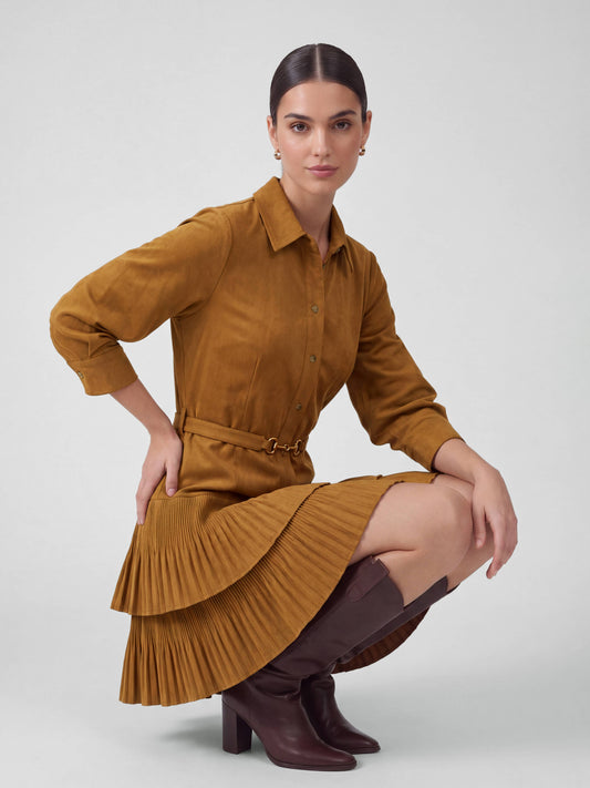 Corduroy Tiered Pleated Shirt Dress