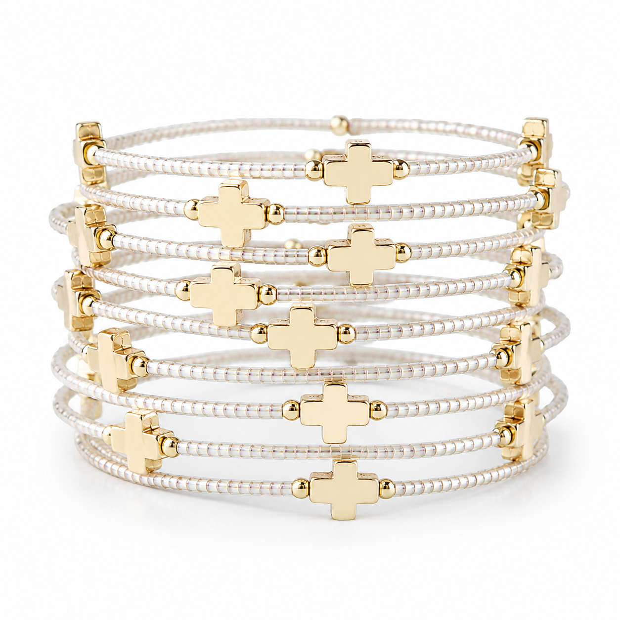 Faithful Cross Bangle w/ Matte Gold Crosses-Smoky Quartz