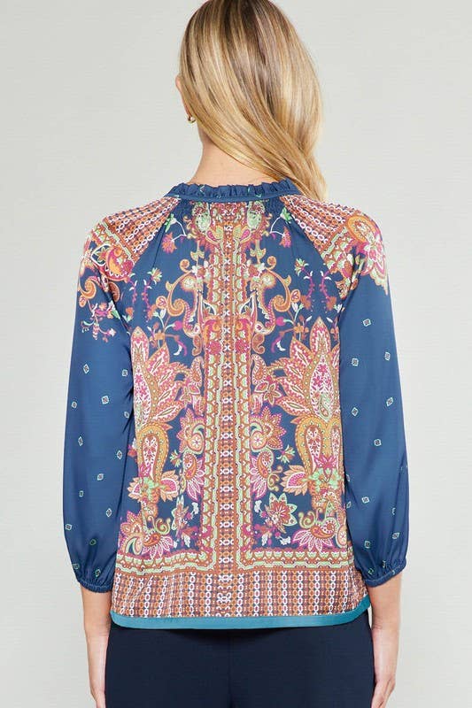 Paisley Printed 3/4 Sleeve Split Neck Blouse