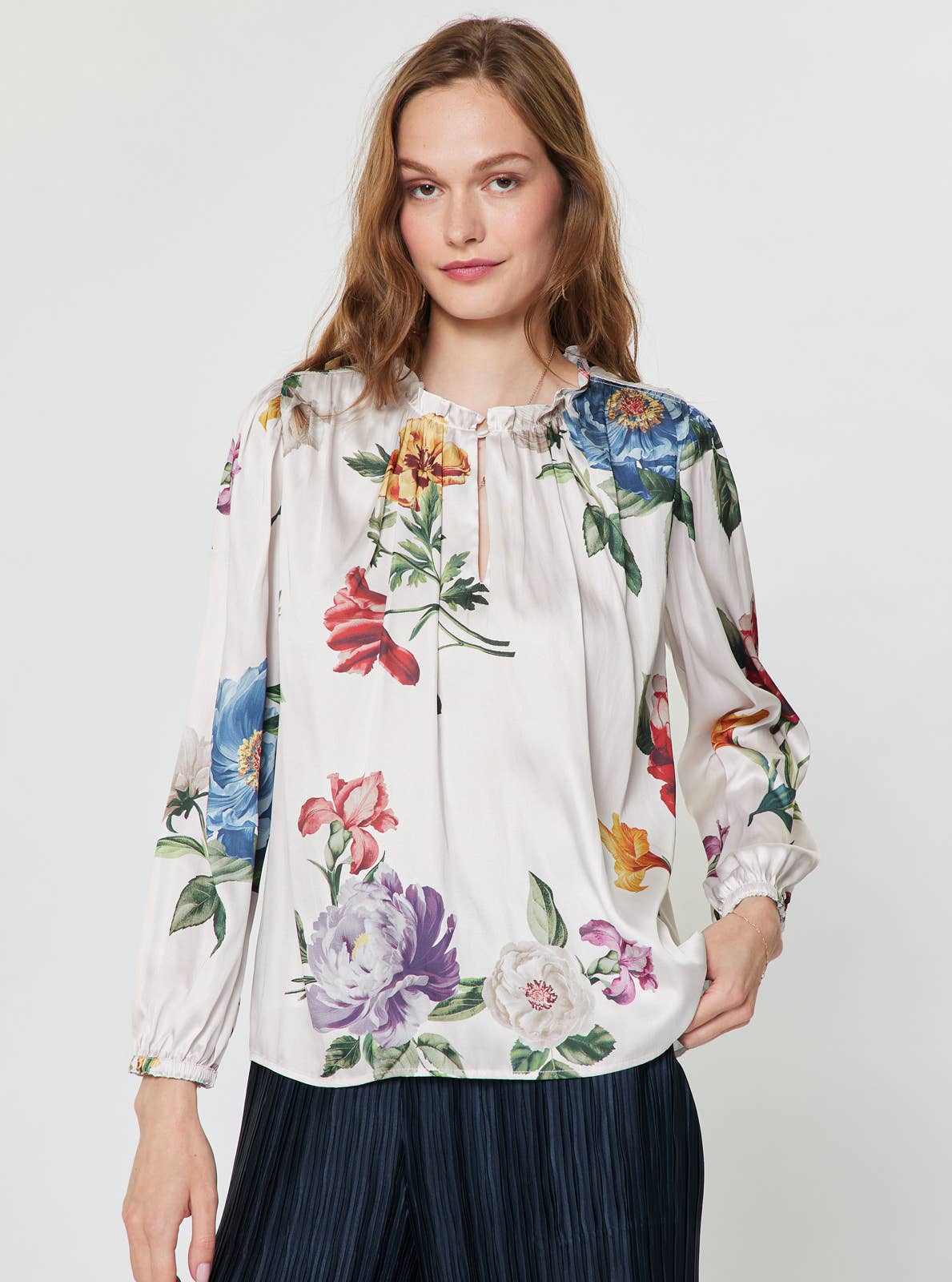 Floral Printed Ruffled Neck Long Sleeve Blouse