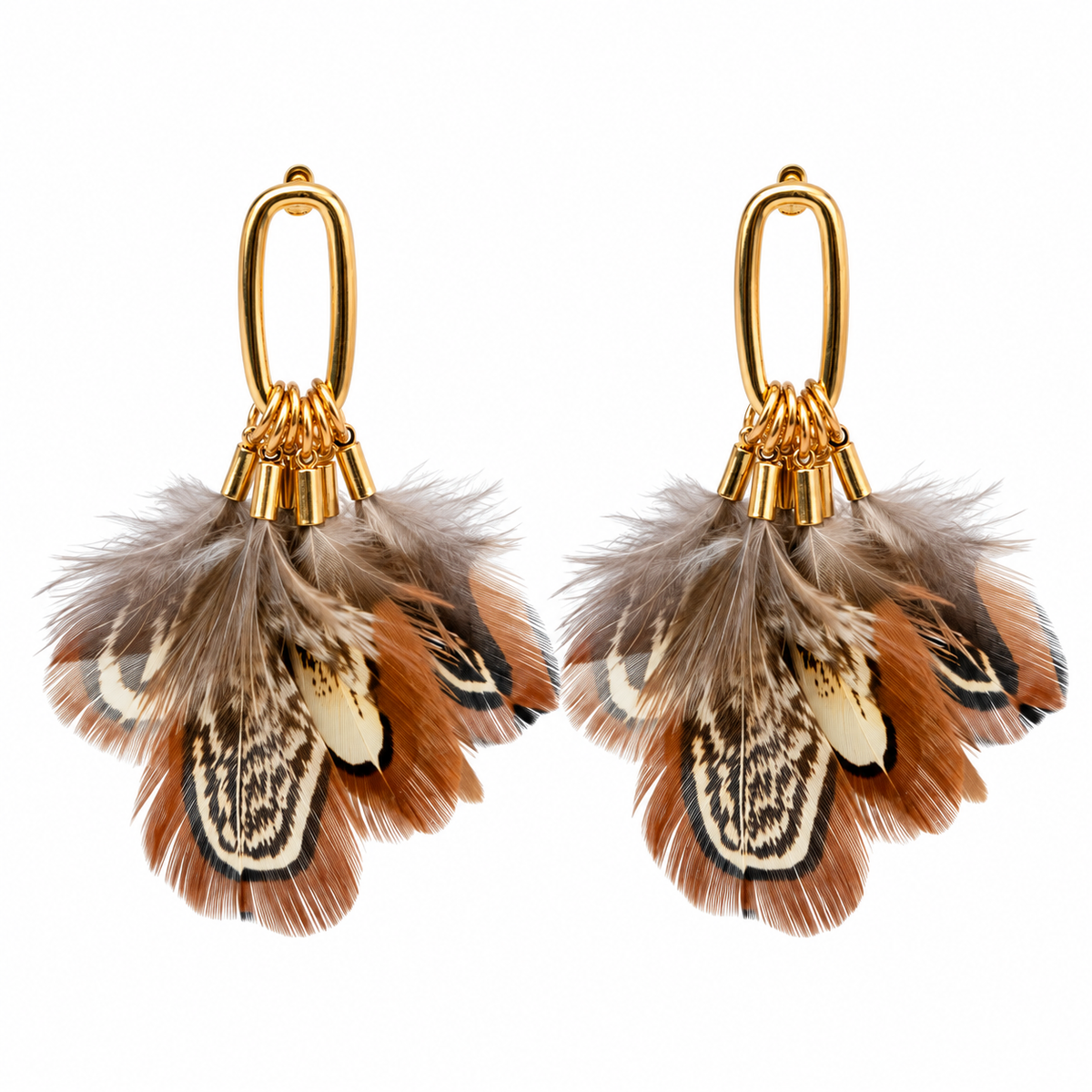 Chestnut Pheasant Fall Feather Tassel Statement Earrings