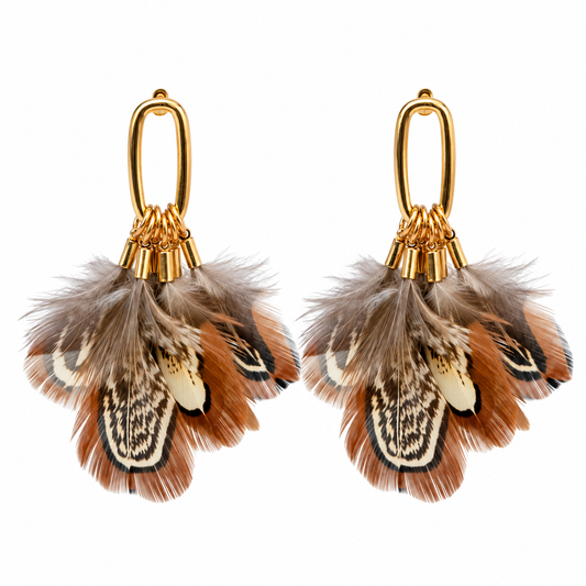 Chestnut Pheasant Fall Feather Tassel Statement Earrings