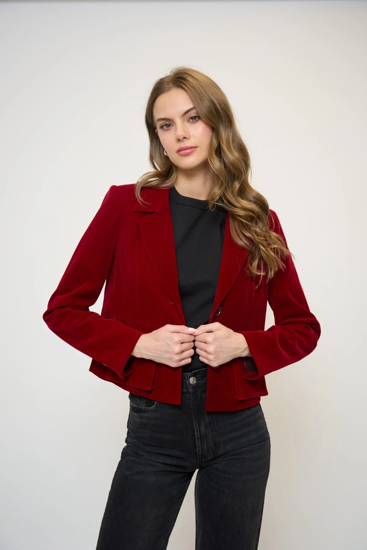EMBER VELVET BOXY BLAZER - RED