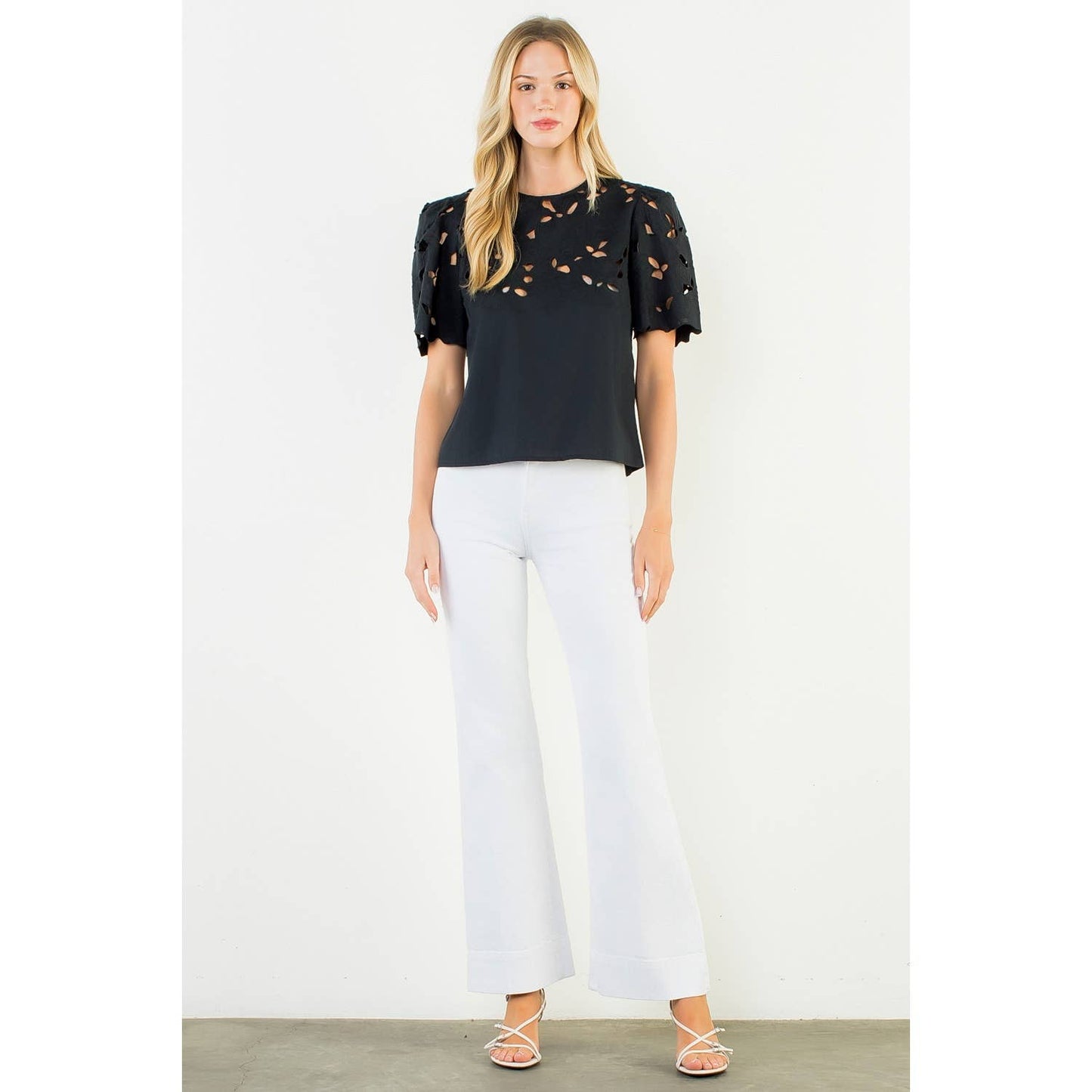 Short Sleeve Eyelet Top - Black