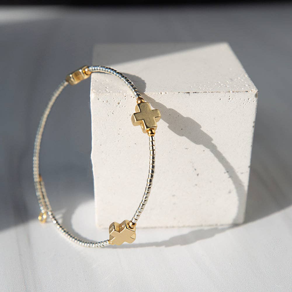 Faithful Beaded Cross Bangle w/ Matte Gold Crosses-Silver