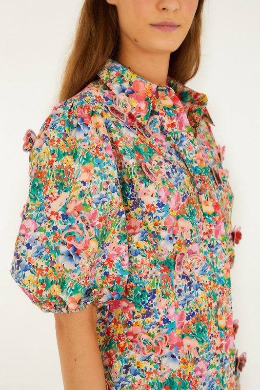 PEASANT FLORAL OFF-WHITE BUTTERFLIES BLOUSE