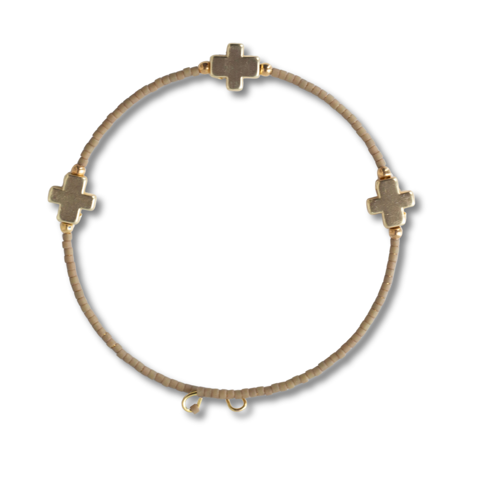 Faithful Beaded Cross Bangle w/ Matte Gold Crosses-Mocha