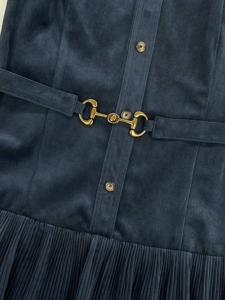 Corduroy Tiered Pleated Shirt Dress