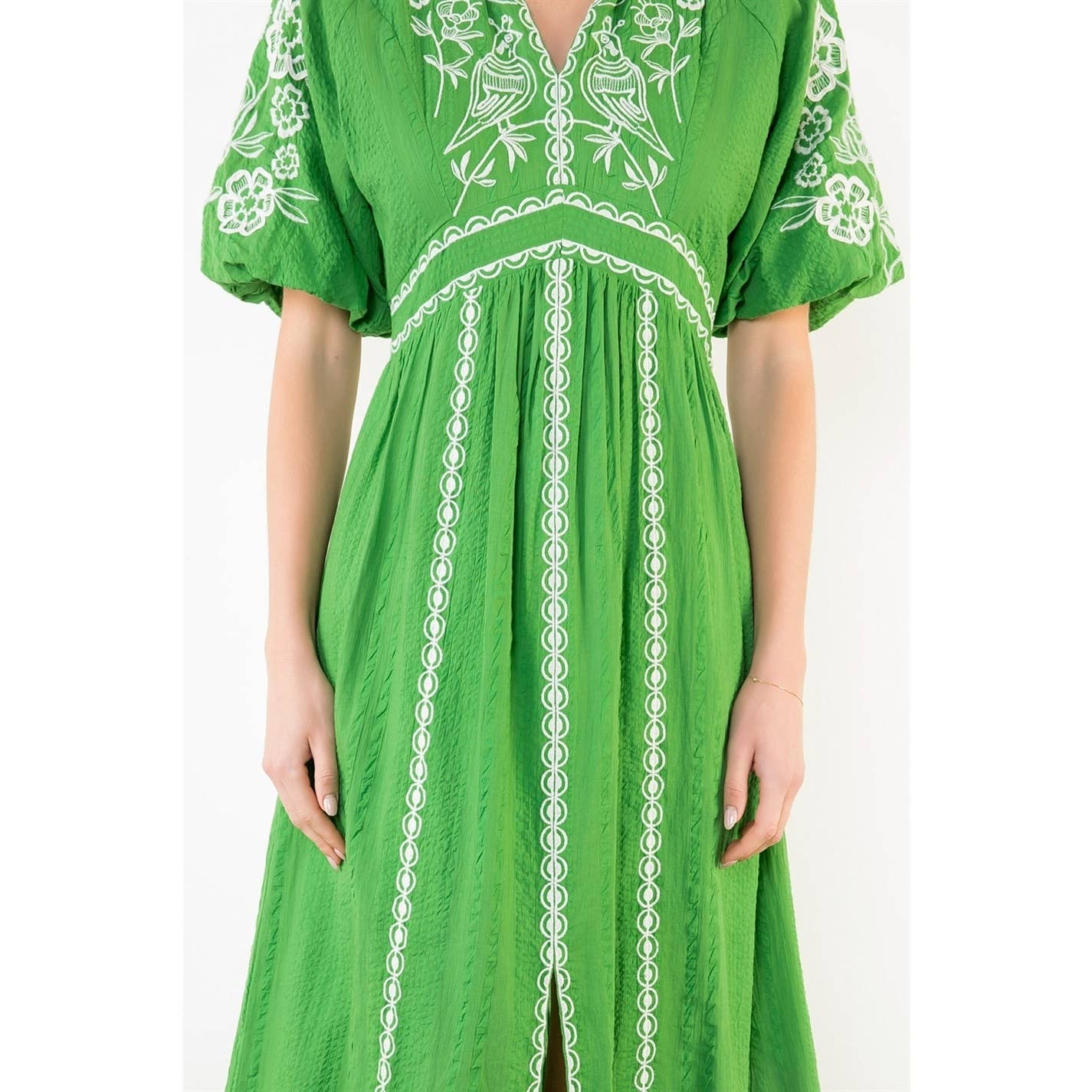 Puff Sleeve Embroidered Detail Dress