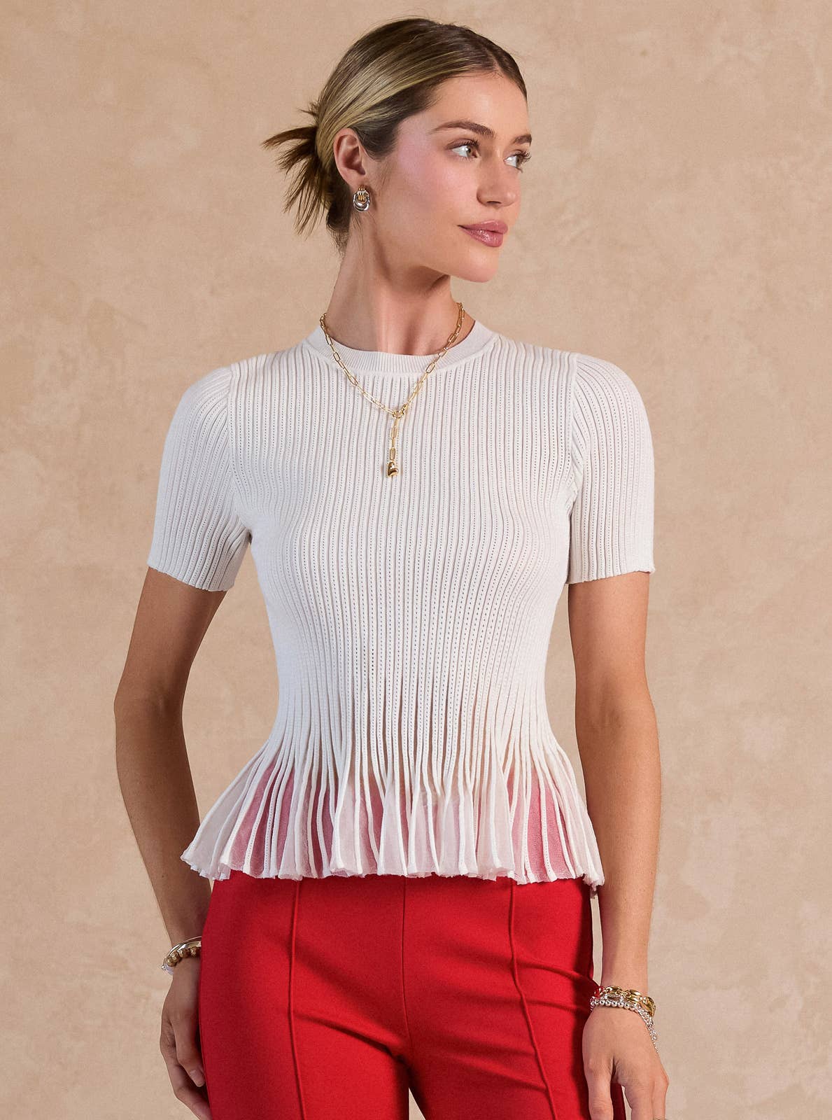 Short Sleeve Sheer Peplum Top - White
