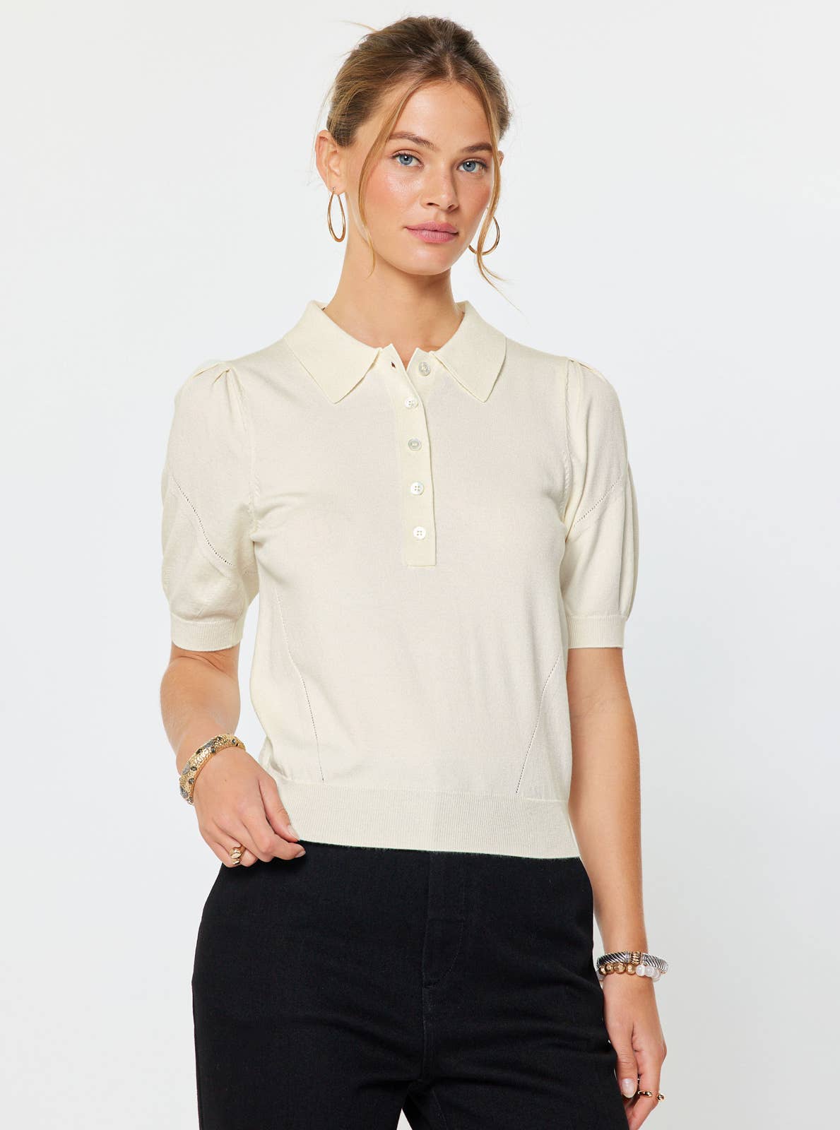 Short-sleeve Knit Polo Top - Ivory