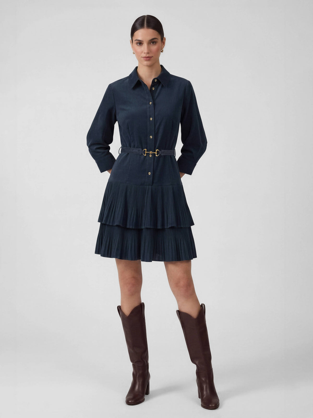 Corduroy Tiered Pleated Shirt Dress