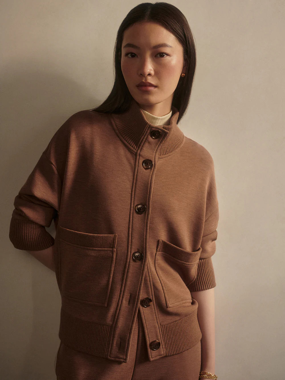 SABRINA BUTTON THROUGH SWEATSHIRT - GOLDEN BRONZE MARL