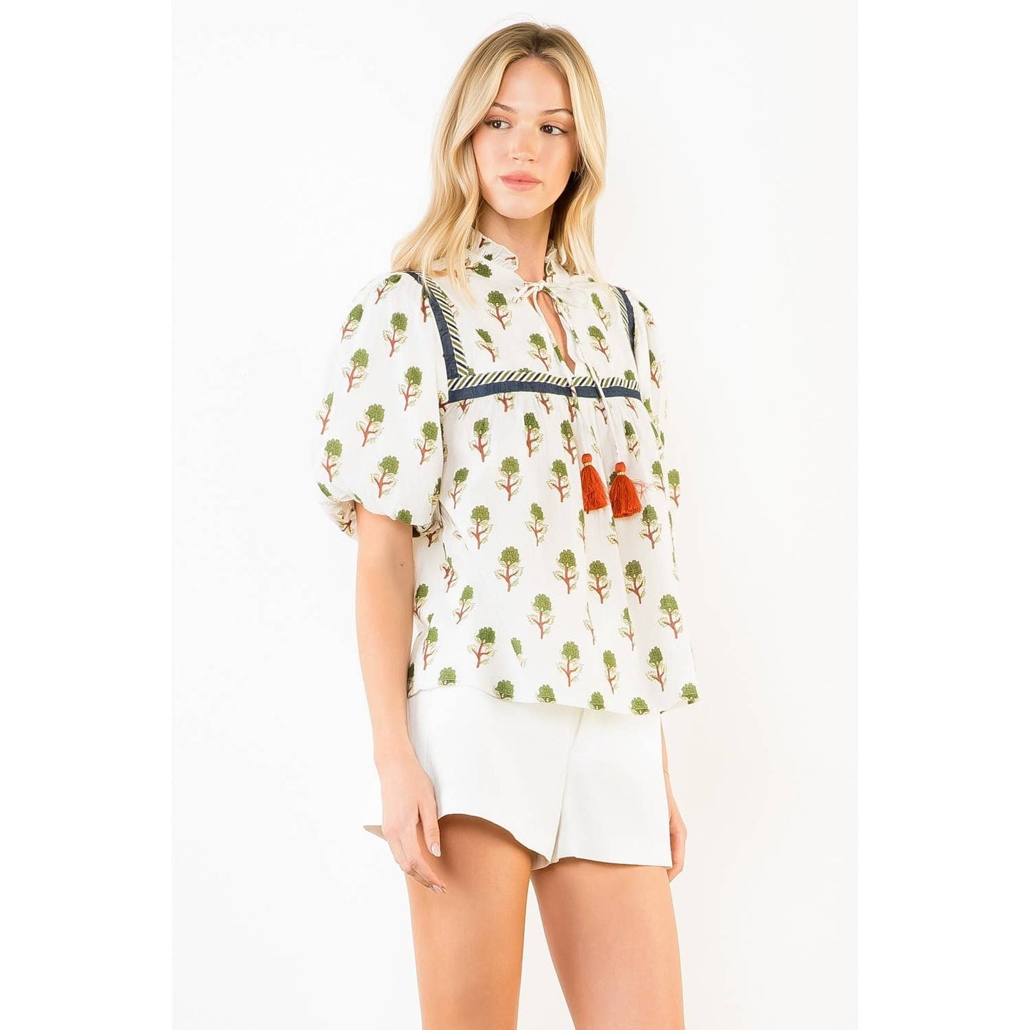 Puff Sleeve Print Tie Tassel Top