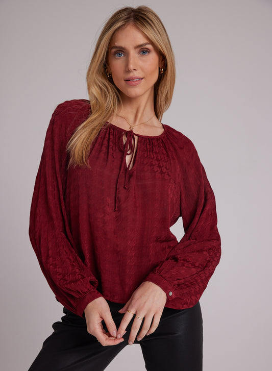 SHIRRED TIE FRONT RAGLAN BLOUSE - BLACK