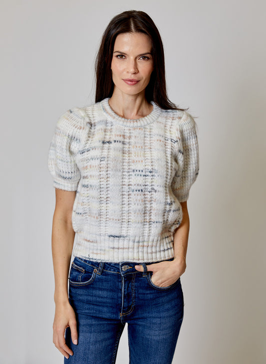 SHORT SLEEVE CREW NECK SWEATER - CREAM COMBO