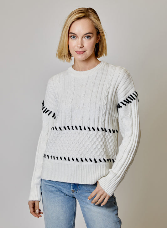 WHIPSTITCH LONG SLEEVE SWEATER - CREAM COMBO