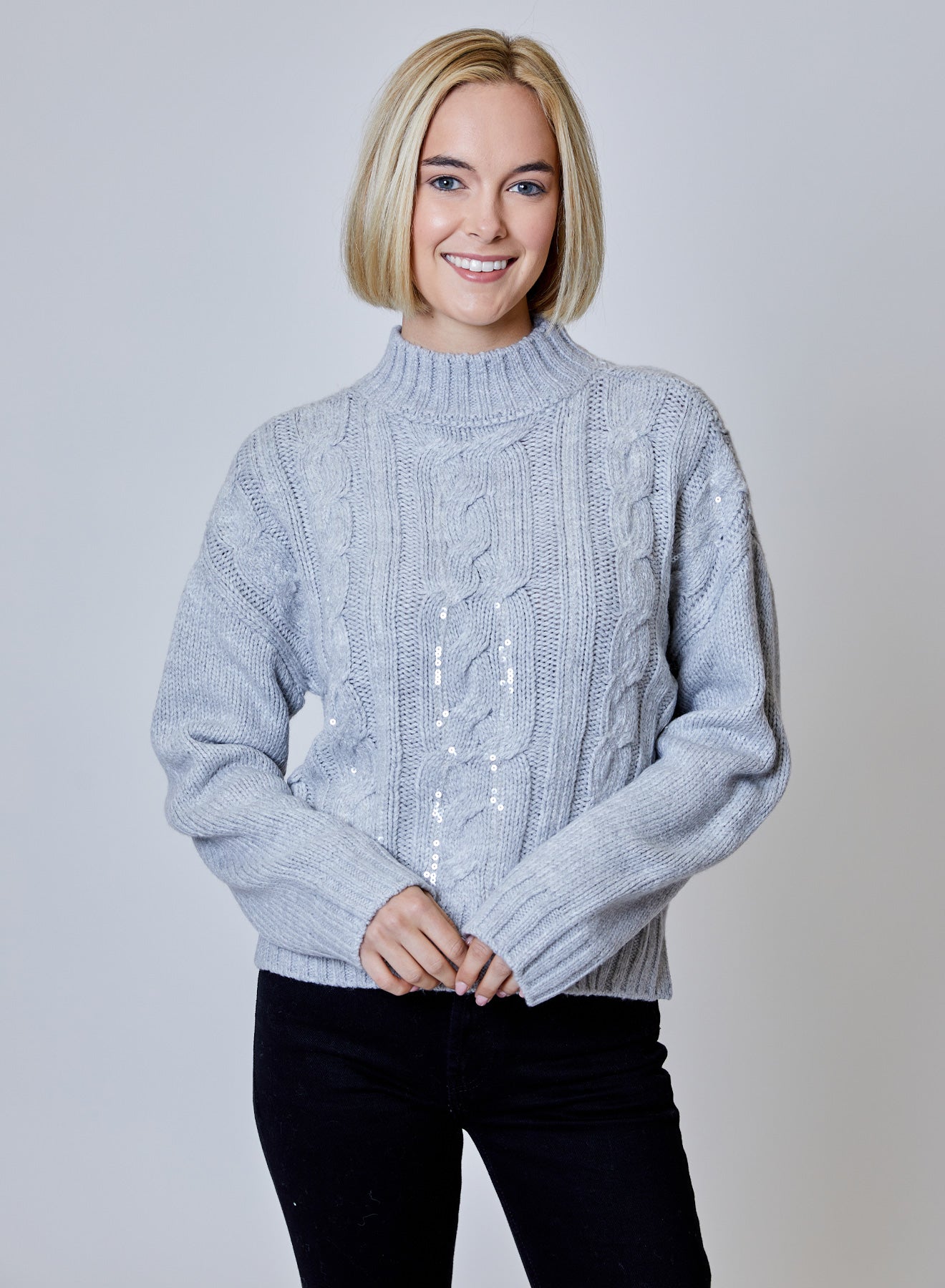 HEATHER STONE SEQUIN CABLE LS SWEATER