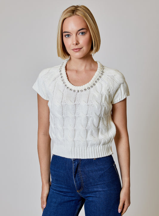WINTER WHITE SS EMBELLISHED SWEATER