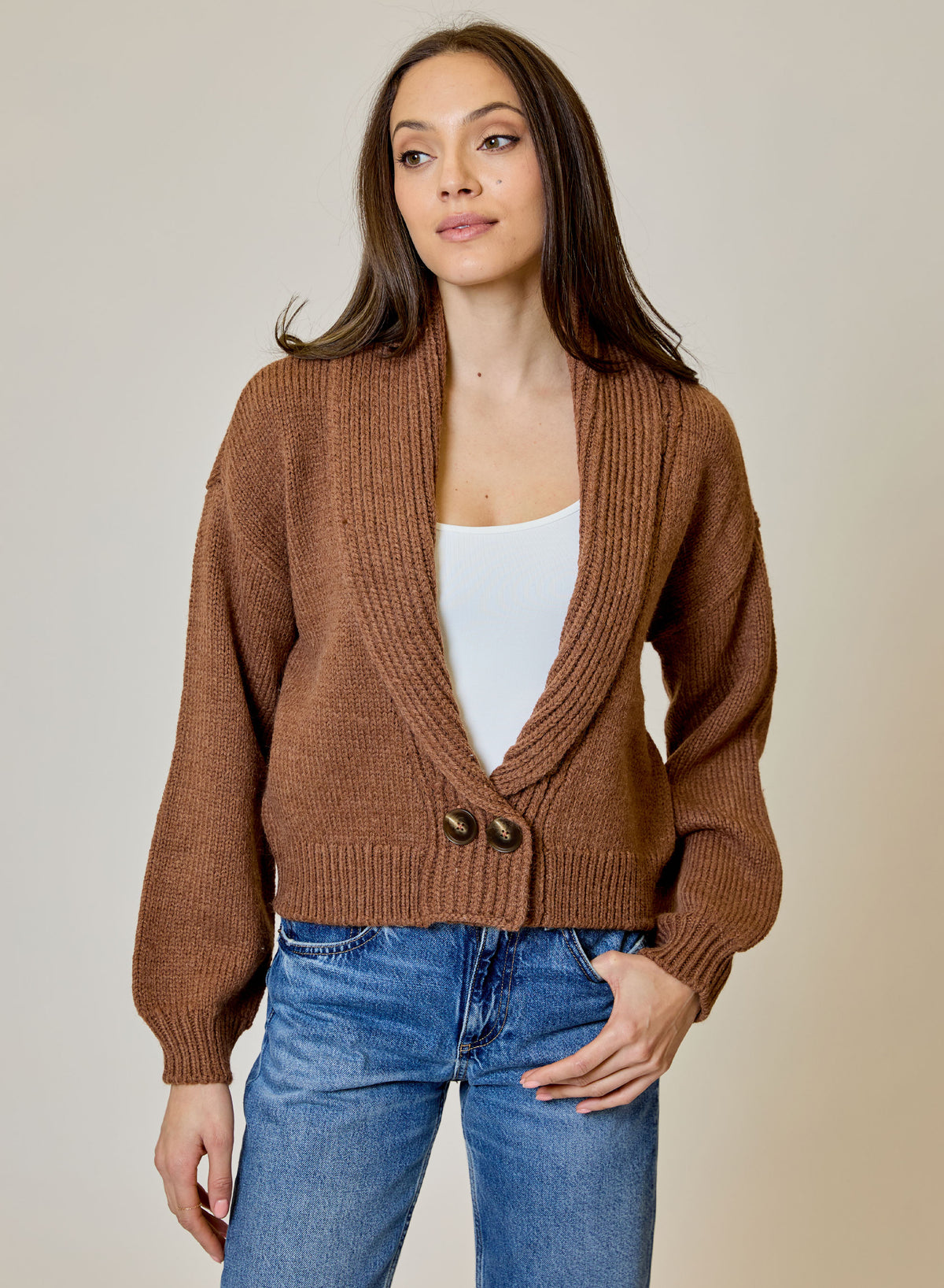 SHAWL COLLAR CARDI - TOFFEE