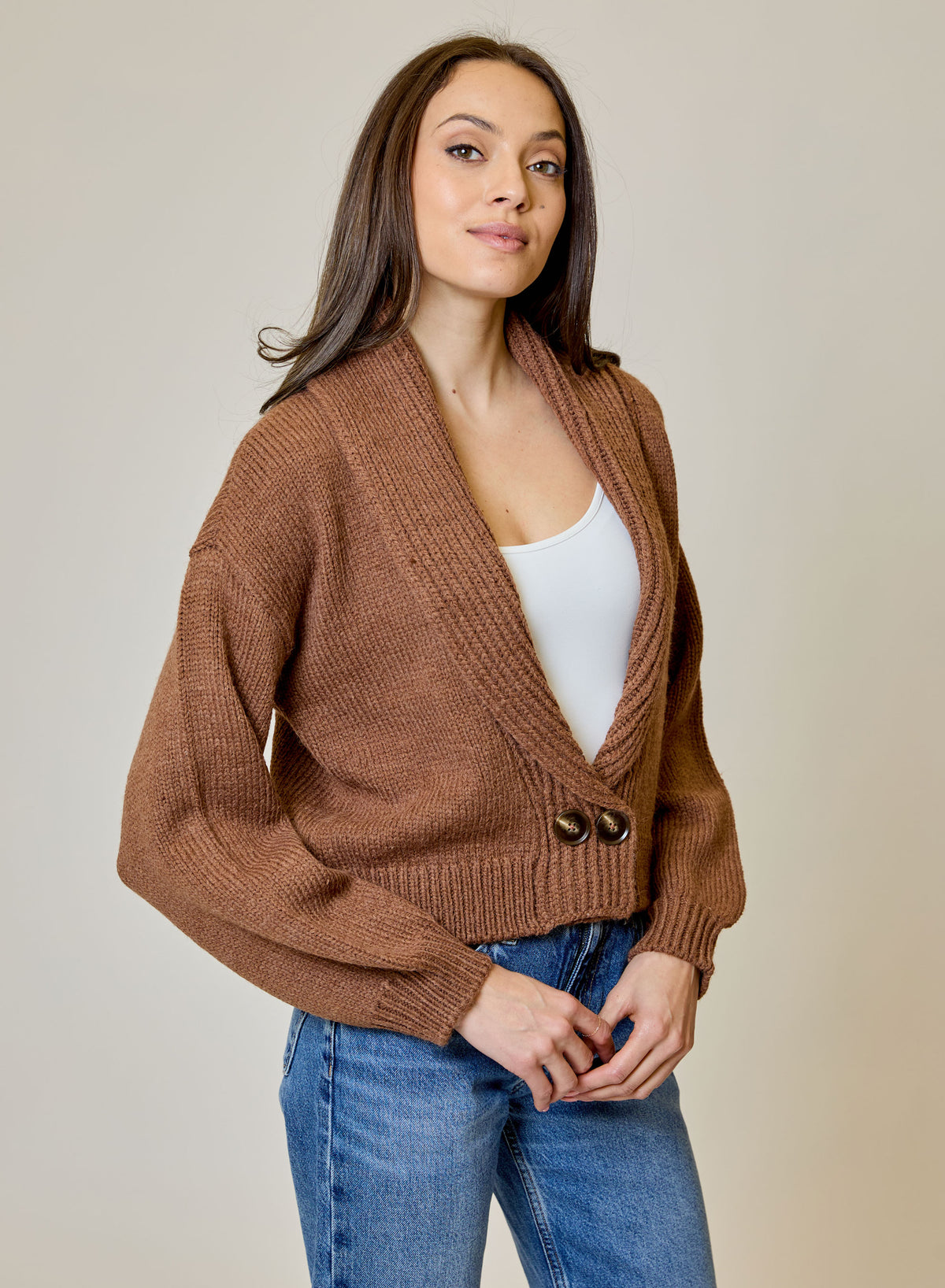 SHAWL COLLAR CARDI - TOFFEE