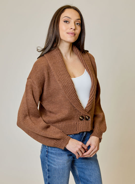 SHAWL COLLAR CARDI - TOFFEE