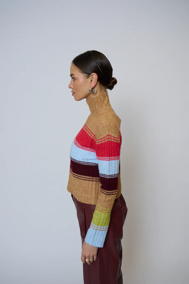MARLEY RIBBED GRADIENT STRIPE T-NECK SWEATER