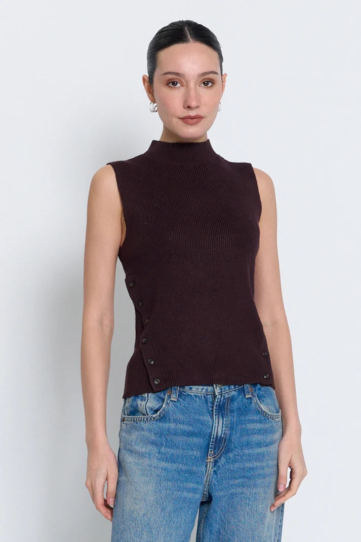 BIRCH SLEEVELESS TNECK WITH BUTTON DETAIL - CHOCOLATE