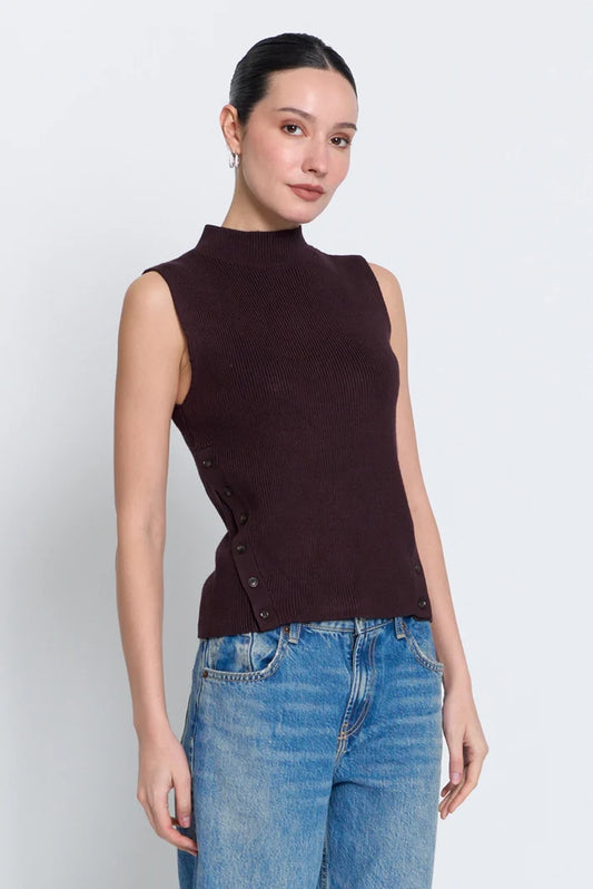 BIRCH SLEEVELESS TNECK WITH BUTTON DETAIL - CHOCOLATE