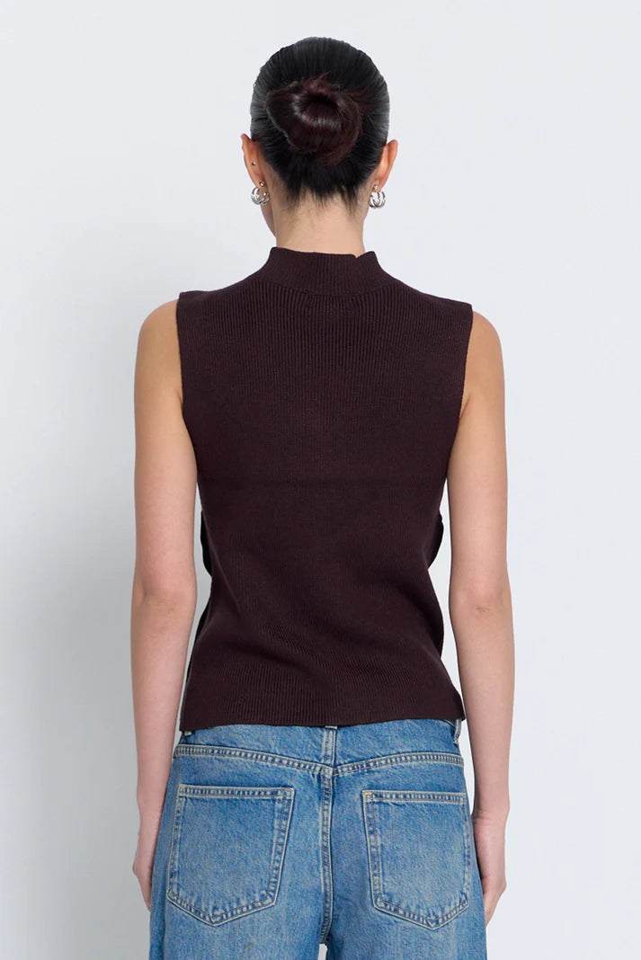 BIRCH SLEEVELESS TNECK WITH BUTTON DETAIL - CHOCOLATE