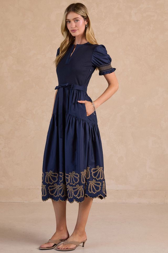 EYELET MIDI DRESS - NAVY