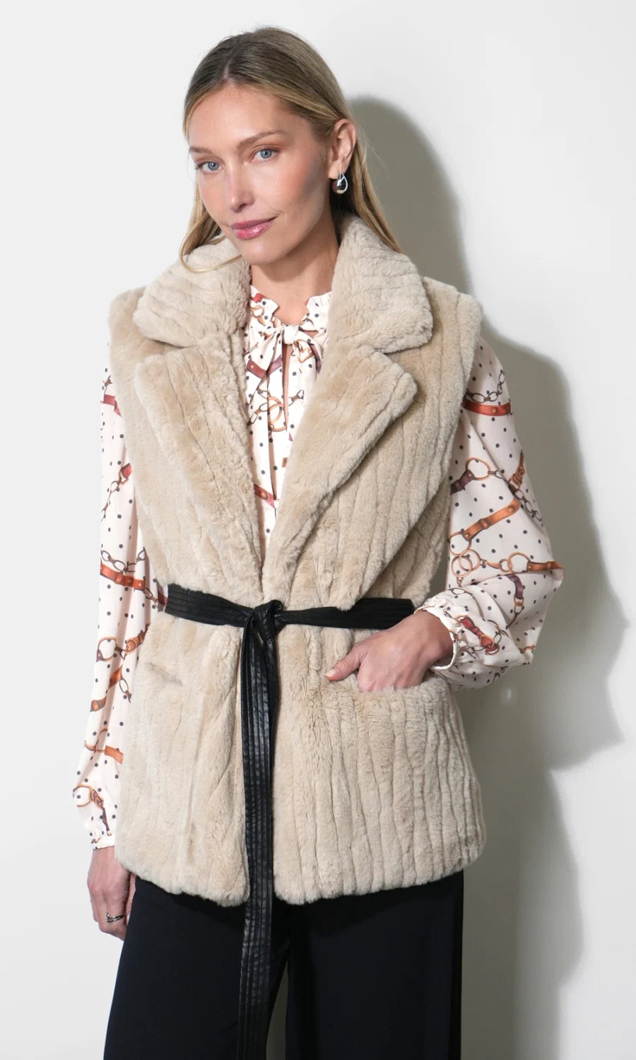 COSETTE FAUX FUR VEST W/ TIE BELT