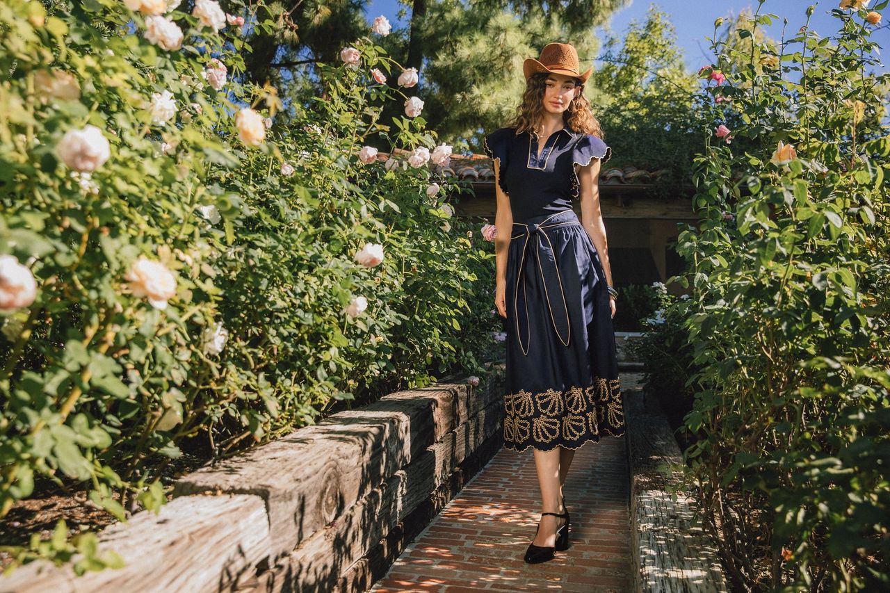 EYELET MIDI DRESS - NAVY