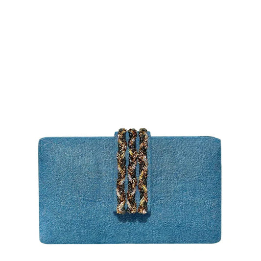 DENIM BRAIDED FRINGE CLUTCH