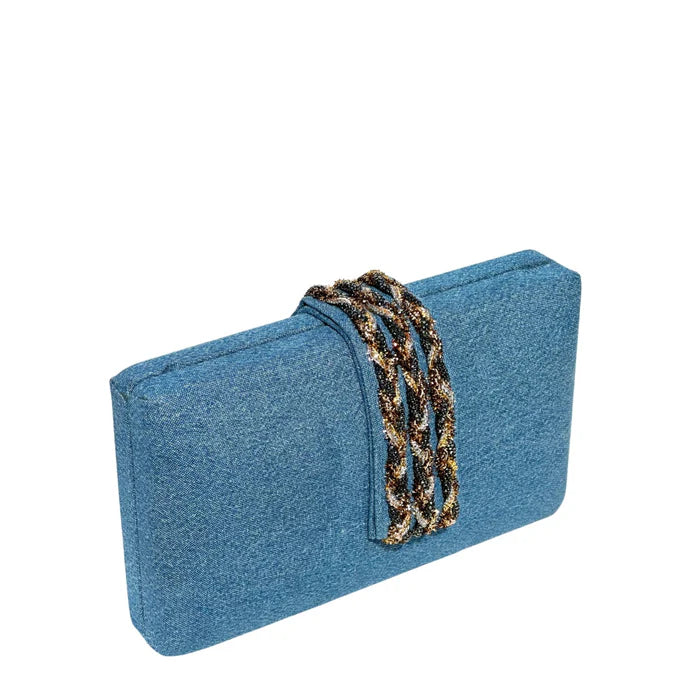 DENIM BRAIDED FRINGE CLUTCH