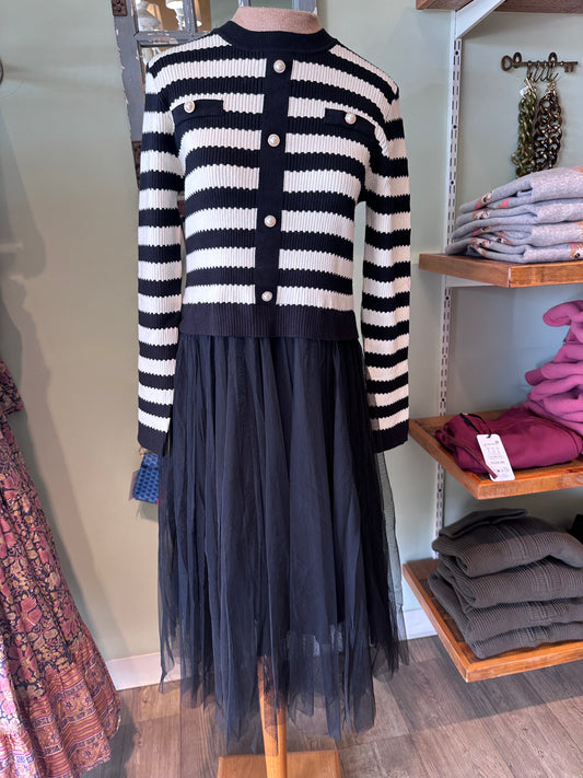 2IN1 STRIPE CARDI DRESS WITH TULLE SKIRT