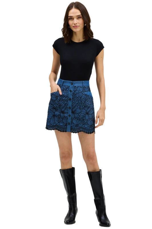 EMBROIDERED HARPER SKIRT - CHAMBRAY