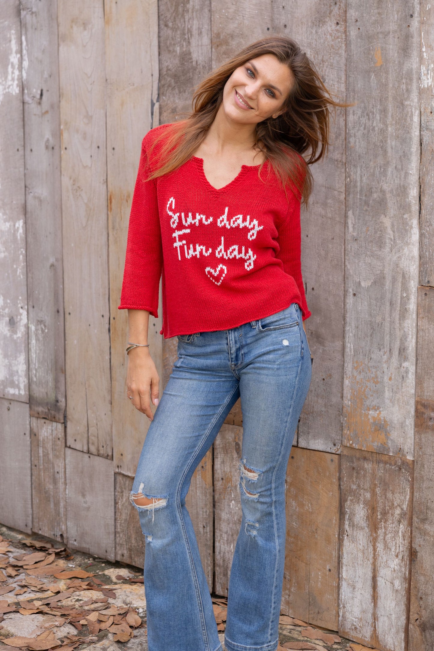 SUNDAY FUNDAY COTTON SWEATER - RED/WHITE