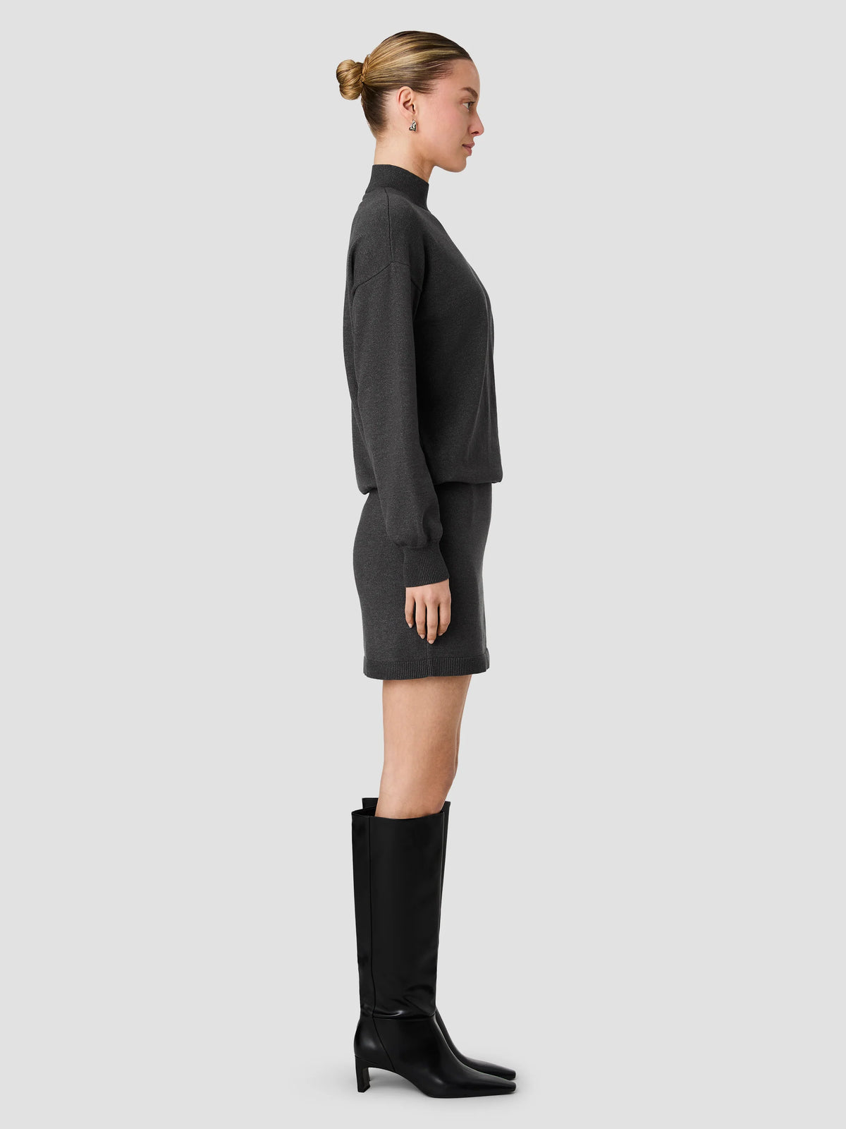 COSYSOFT LONG SLEEVE BLOUSON WAIST MINI DRESS - GREY