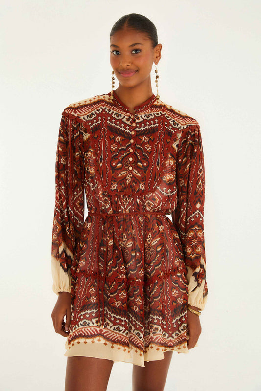 AINIKA PINEAPPLE TAPESTRY SAND LONG SLEEVE MINI DRESS