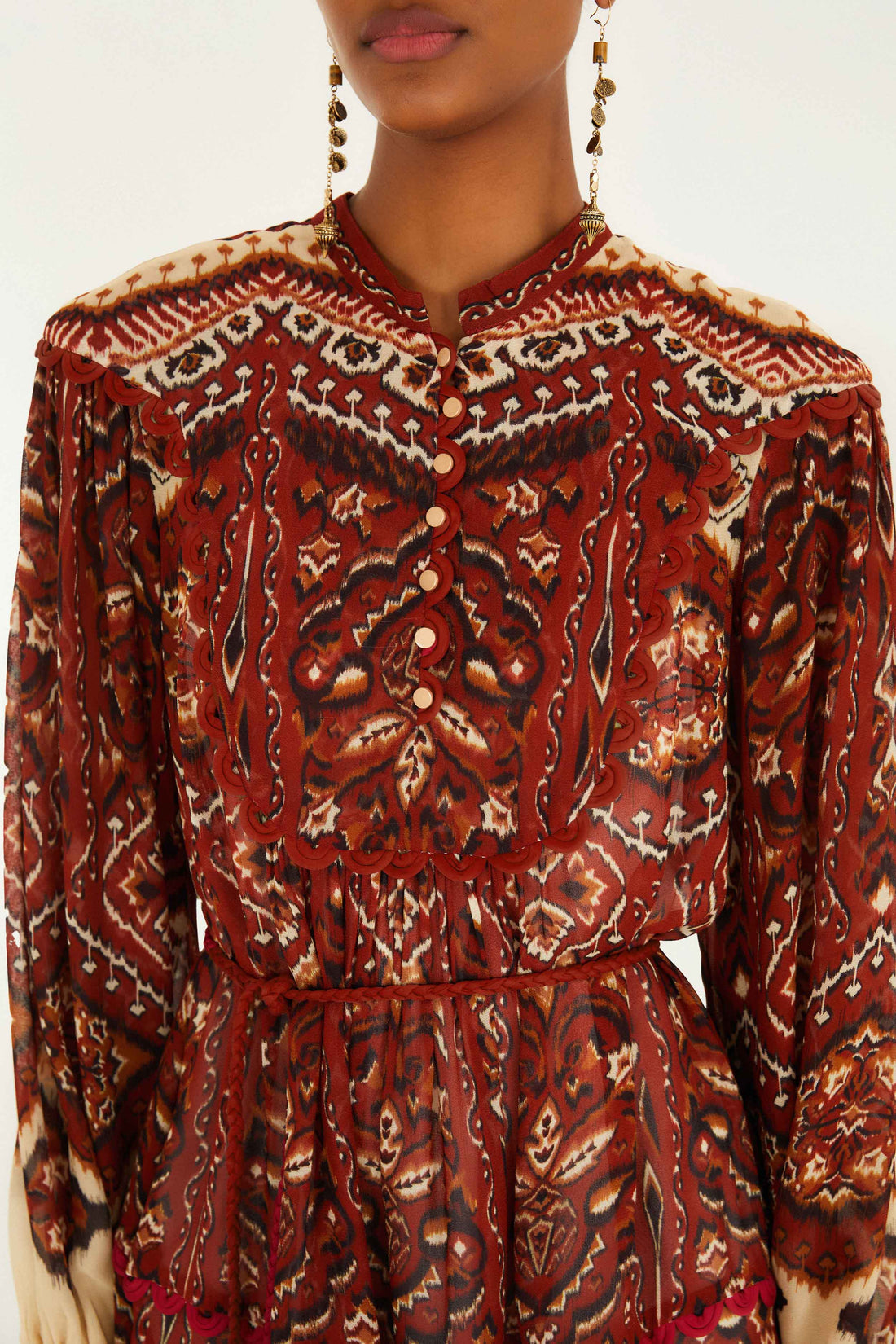 AINIKA PINEAPPLE TAPESTRY SAND LONG SLEEVE MINI DRESS