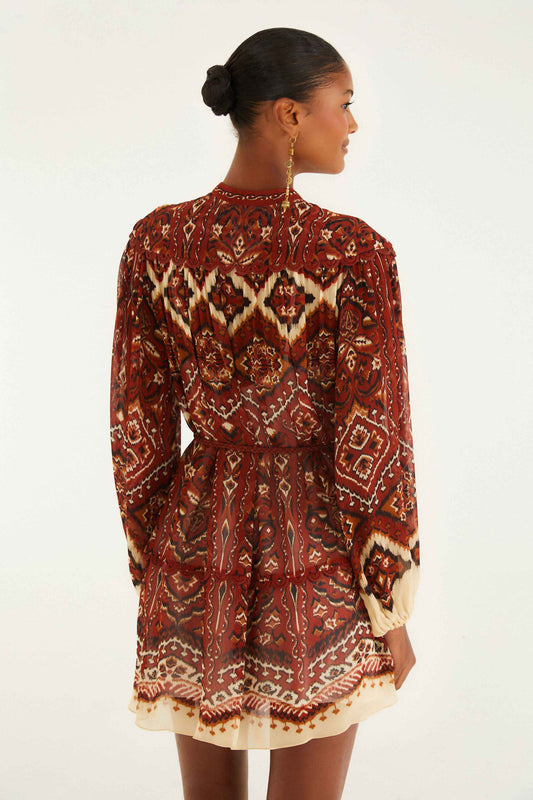 AINIKA PINEAPPLE TAPESTRY SAND LONG SLEEVE MINI DRESS