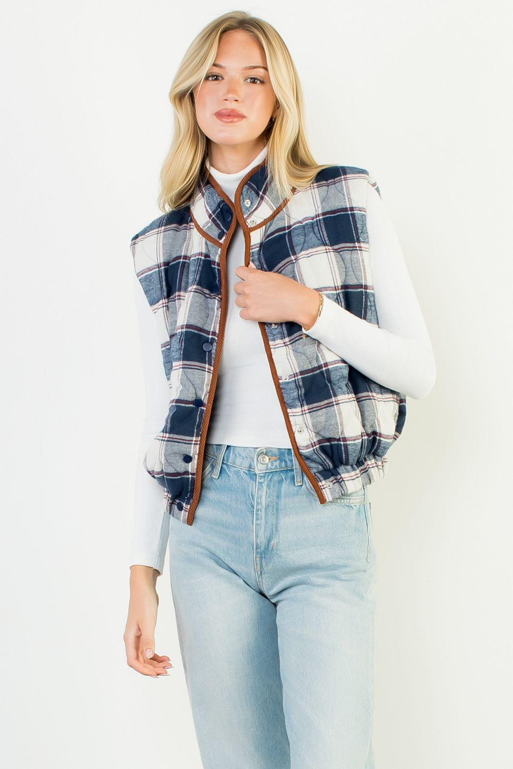 PLAID TRIMMED VEST