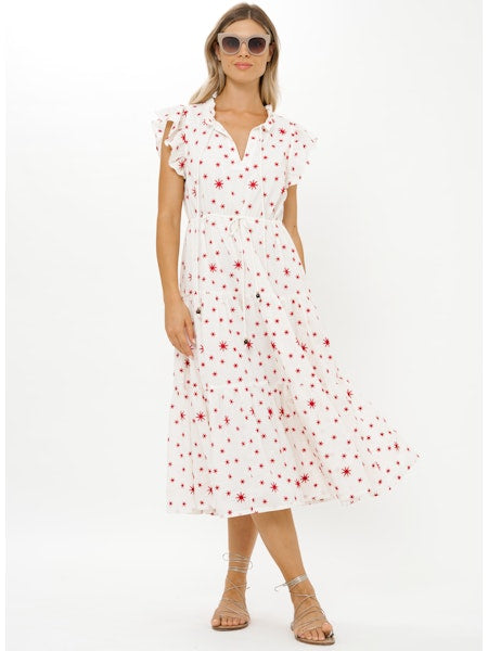 CINCHED FLIRTY MIDI-RED