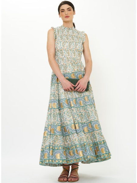 SLEEVELESS SMOCKED MAXI-GREEN